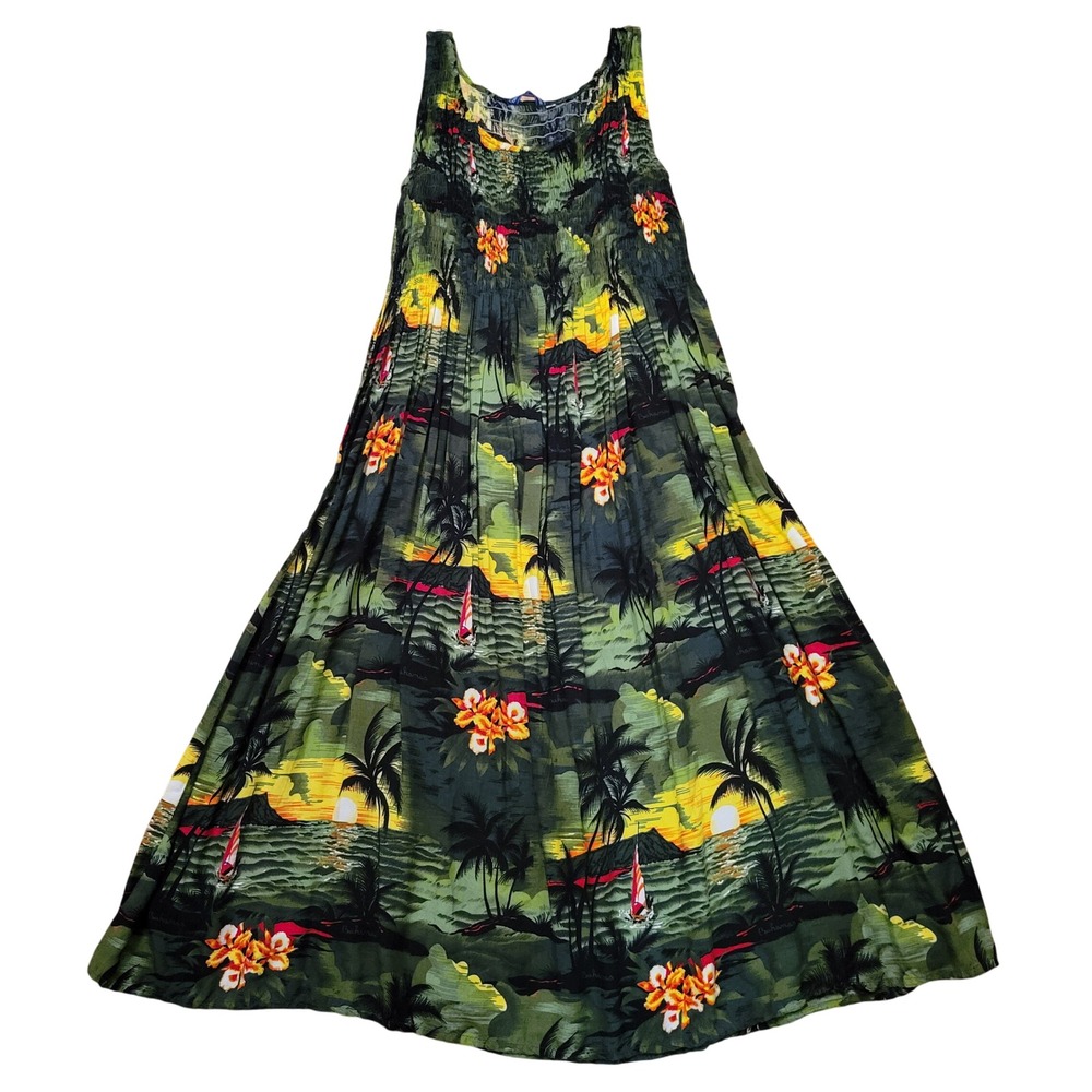 Vintage Tropical Paradise Green‎ Hawaiian Smocked Maxi Dress Bahamas Print M